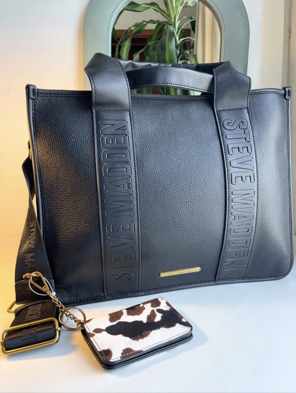 Steve Madden Black Leather Messenger Tote with Embossed Straps